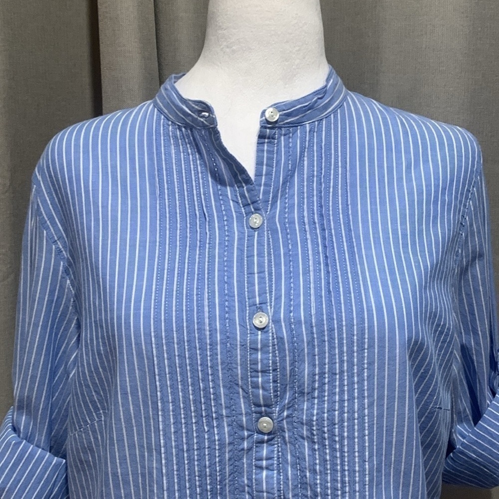 L.L. Bean Blue and White Striped Roll Tab Sleeve Top Size Medium - Picture 2 of 15